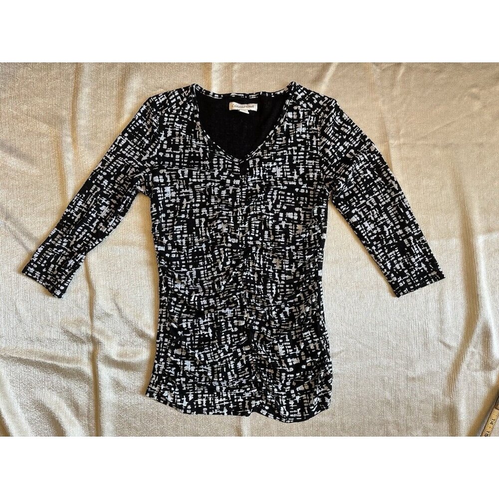Coldwater Creek Size XS 4/6 Black White Geometric Print 3/4 Sleeve Stretch‎ Ruch
